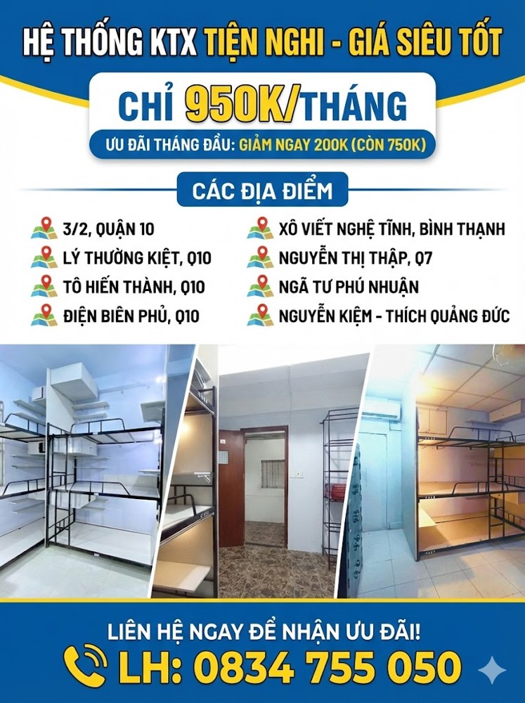 KÝ TÚC XÁ TRUNG TÂM QUẬN 10 – MÁY LẠNH – AN NINH RA VÀO FACE ID– GẦN CÁC TRƯỜNG ĐẠI HỌC LỚN