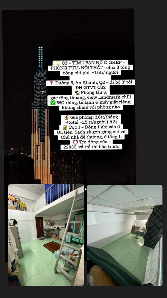 TÌM 1 BẠN NỮ Ở GHÉP  PHÒNG FULL NỘI THẤT { ưu tiên nvvp, ít đồ } total ~1tr5 / ng ( ở 3)